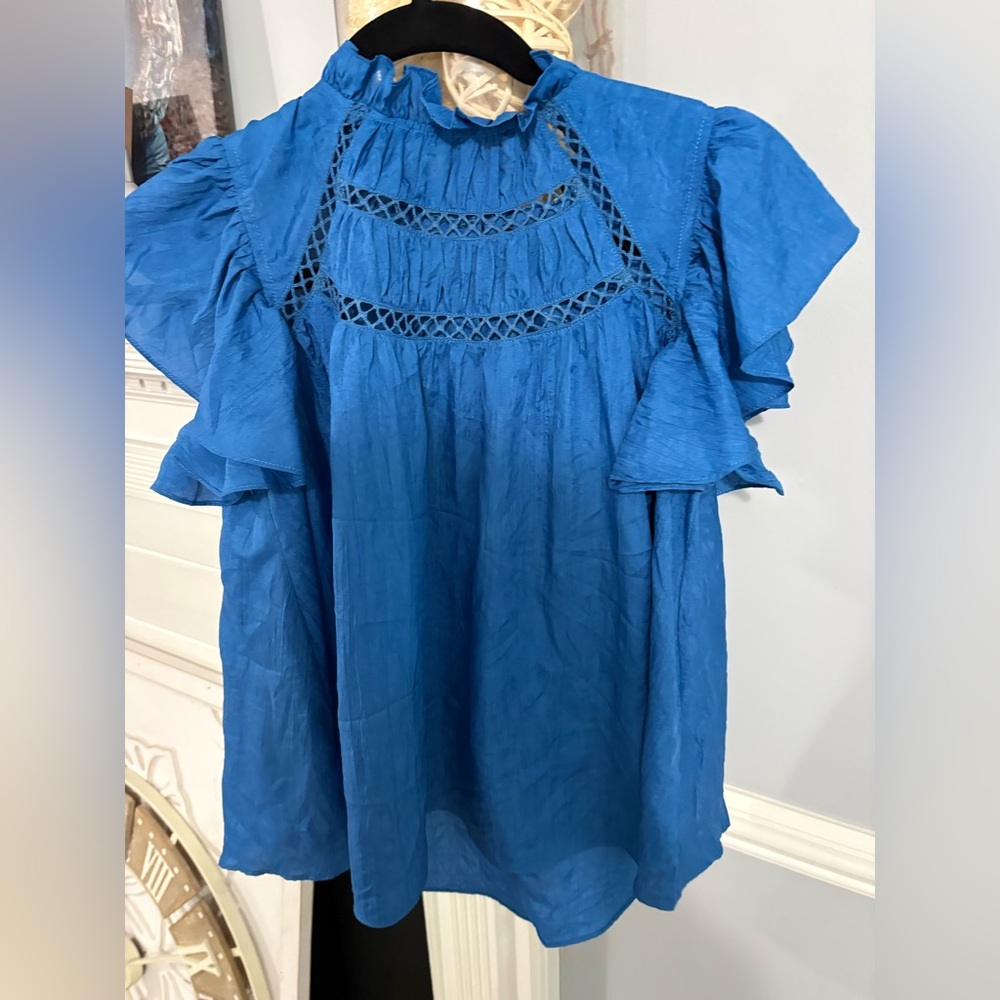 Blue Ruffled Women's Top $74 tags - Picture 2 of 6